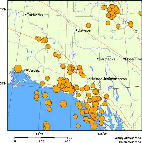 carte des séismes historiques de magnitude 5,0 et plus.  Détails dans le tableau de données ci-dessous