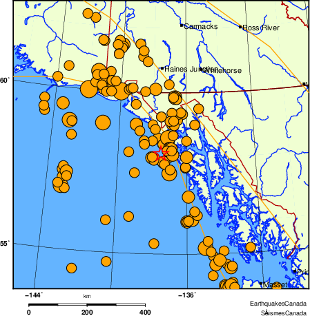 carte des séismes historiques de magnitude 5,0 et plus. Détails dans le tableau de données ci-dessous