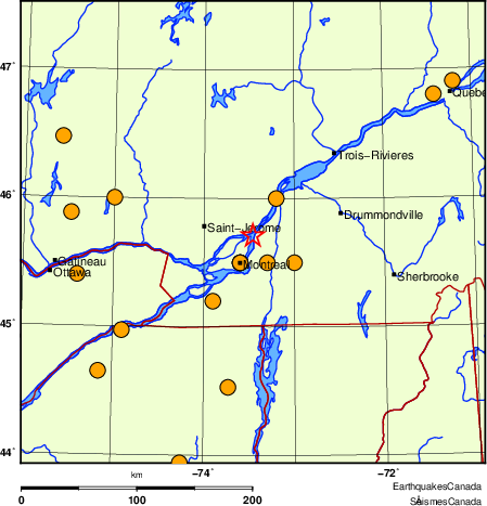 carte des séismes historiques de magnitude 5,0 et plus. Détails dans le tableau de données ci-dessous