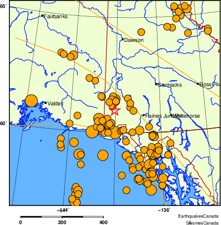 carte des séismes historiques de magnitude 5,0 et plus. Détails dans le tableau de données ci-dessous