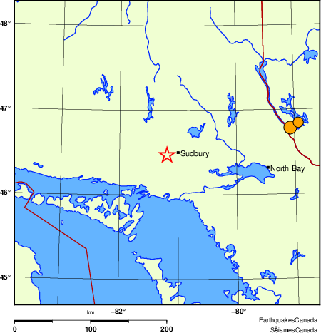 Map of historical earthquakes magnitude 5.0 and larger.  Details in the data table below
