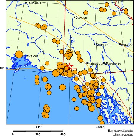 Map of historical earthquakes magnitude 5.0 and larger. Details in the data table below