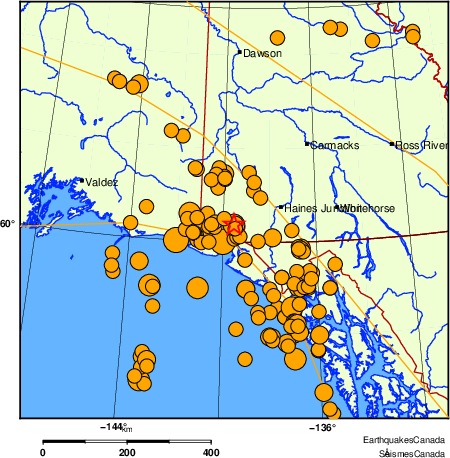 Map of historical earthquakes magnitude 5.0 and larger.  Details in the data table below