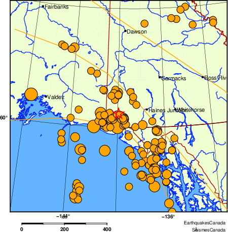 carte des séismes historiques de magnitude 5,0 et plus. Détails dans le tableau de données ci-dessous