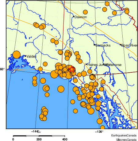 Map of historical earthquakes magnitude 5.0 and larger.  Details in the data table below