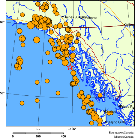 Map of historical earthquakes magnitude 5.0 and larger.  Details in the data table below