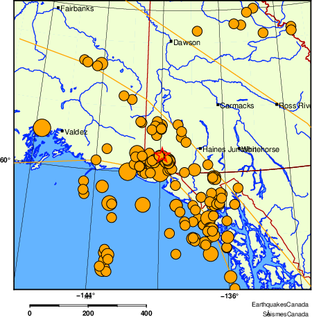 Map of historical earthquakes magnitude 5.0 and larger.  Details in the data table below