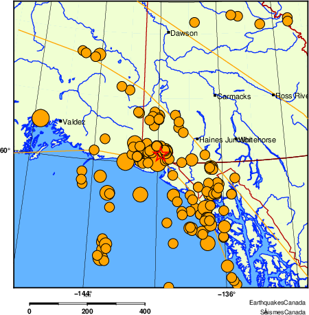 Map of historical earthquakes magnitude 5.0 and larger.  Details in the data table below