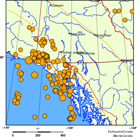 Map of historical earthquakes magnitude 5.0 and larger. Details in the data table below