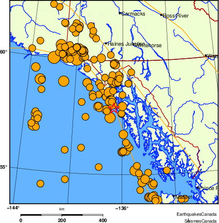 Map of historical earthquakes magnitude 5.0 and larger. Details in the data table below