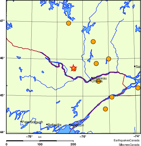 Map of historical earthquakes magnitude 5.0 and larger.  Details in the data table below