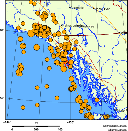 Map of historical earthquakes magnitude 5.0 and larger.  Details in the data table below