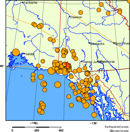 carte des s&eacute;ismes historiques de magnitude 5,0 et plus.  Détails dans le tableau de données ci-dessous