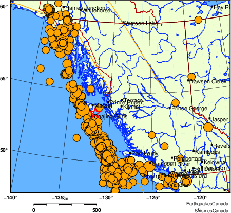 Map of historical earthquakes magnitude 5.0 and larger. Details in the data table below