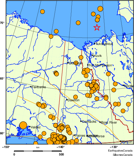Map of historical earthquakes magnitude 5.0 and larger. Details in the data table below