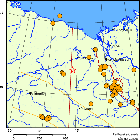 Map of historical earthquakes magnitude 5.0 and larger.  Details in the data table below