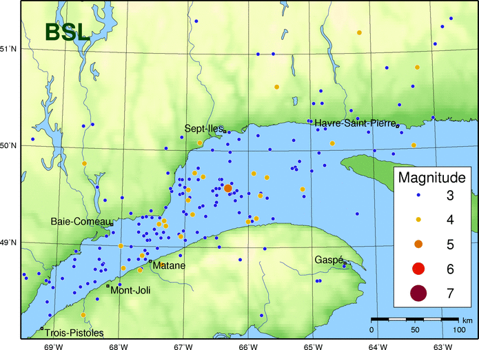 Map of historic events in the Lower St Lawrence Seismic Zone